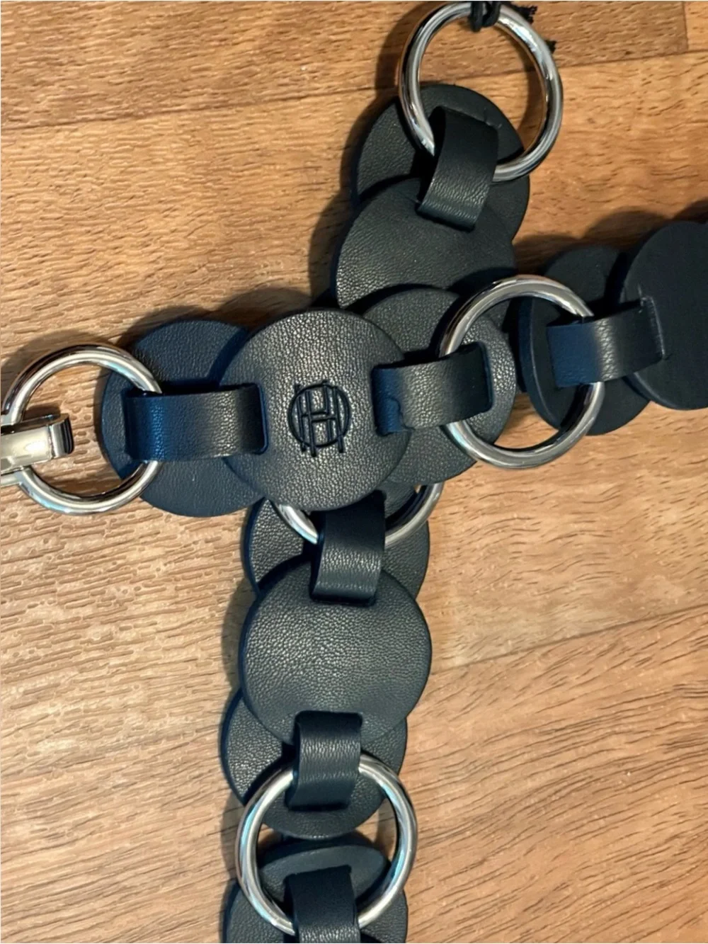 NWT House of Harlow 1960 Black Leather silver Disc Ring Link Belt Boho Size M/L